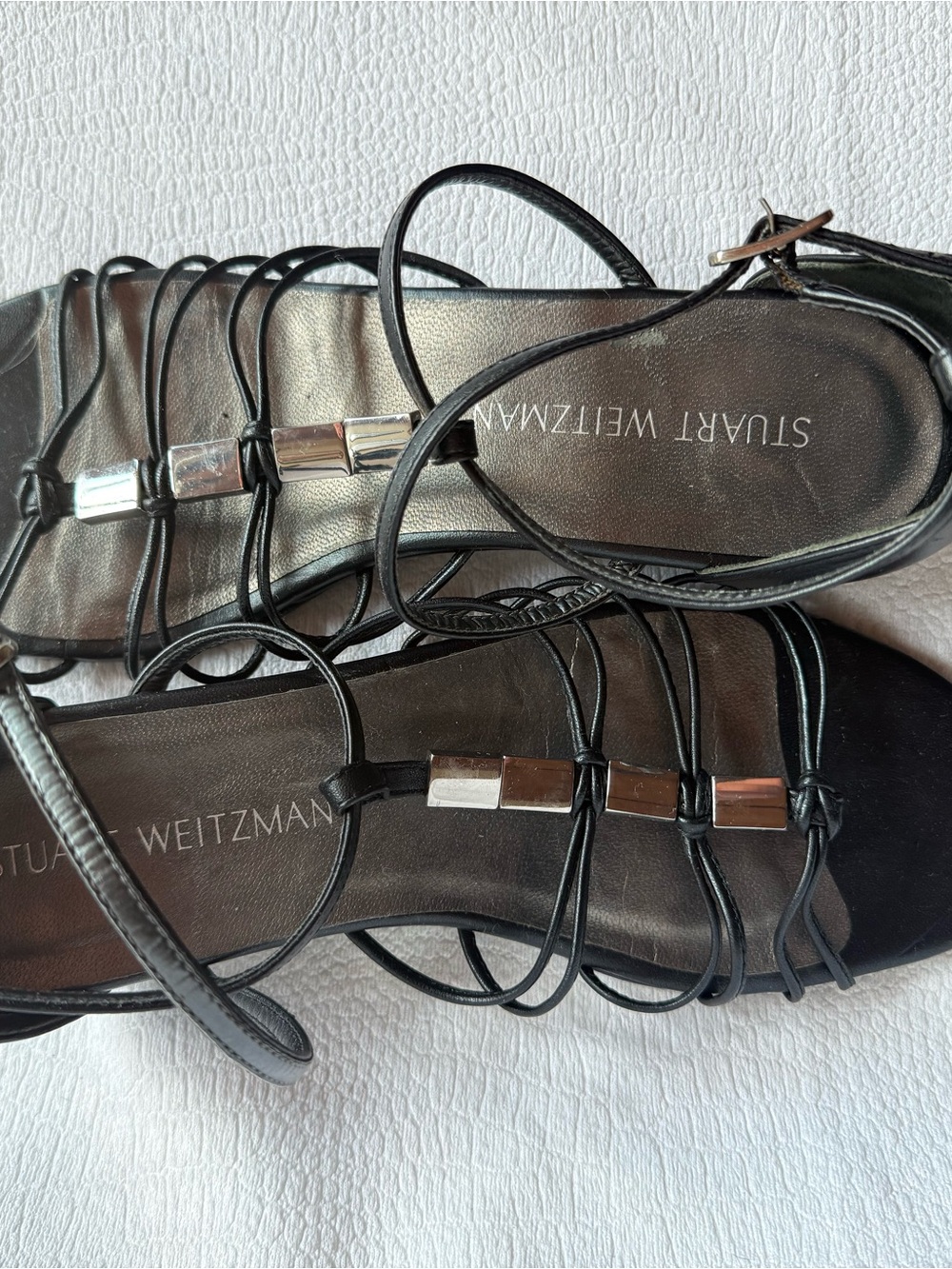 Stuart Weitzman Black Leather Strappy Gladiator Sandals - Silver Hardware